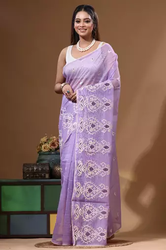 Lavendar supernet with embroidery saree with blouse piece