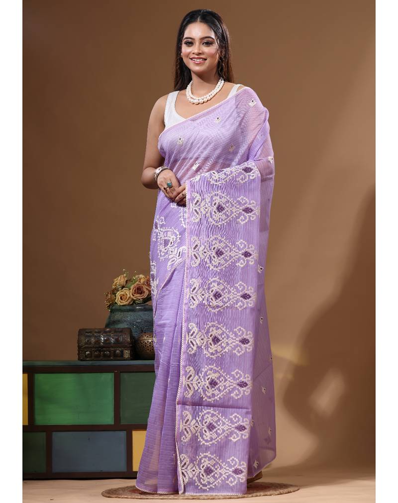 Lavendar supernet with embroidery saree with blouse piece