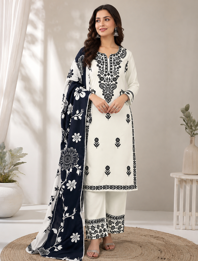white color embroidery work reyon salwar suit