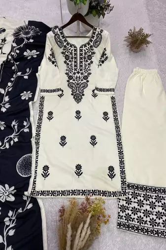 white color embroidery work reyon salwar suit