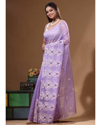Lavendar supernet with embroidery saree with blouse piece 2