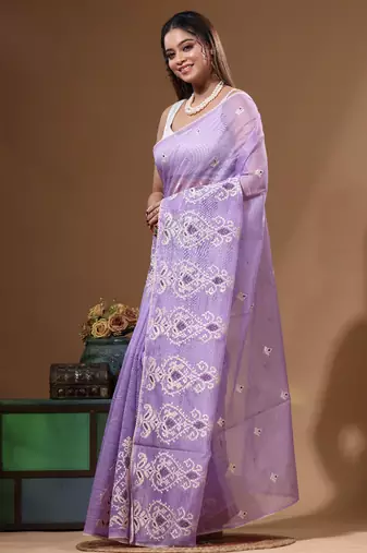 Lavendar supernet with embroidery saree with blouse piece