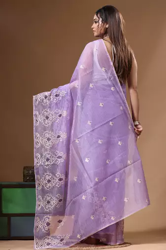 Lavendar supernet with embroidery saree with blouse piece