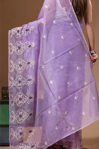 Lavendar supernet with embroidery saree with blouse piece