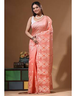 Peach supernet with embroidery saree with blouse piece 1