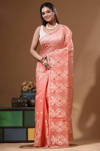 Peach supernet with embroidery saree with blouse piece