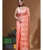 Peach supernet with embroidery saree with blouse piece