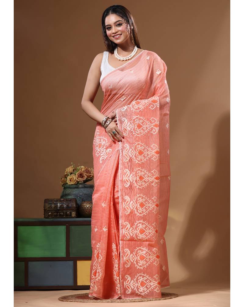 Peach supernet with embroidery saree with blouse piece