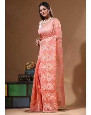 Peach supernet with embroidery saree with blouse piece 2