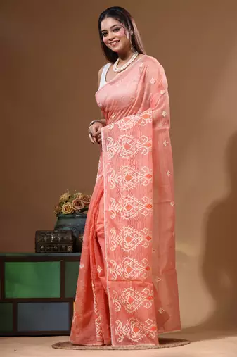 Peach supernet with embroidery saree with blouse piece