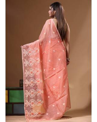 Peach supernet with embroidery saree with blouse piece 3