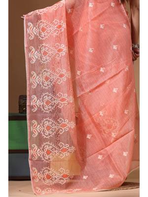 Peach supernet with embroidery saree with blouse piece 4