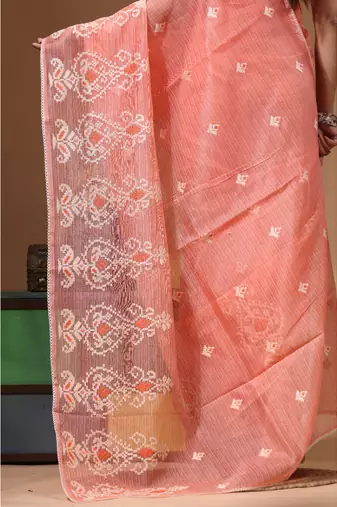 Peach supernet with embroidery saree with blouse piece