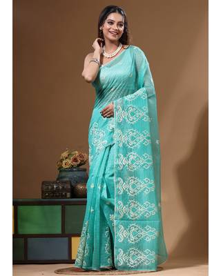 Sea green supernet with embroidery saree with blouse piece 1