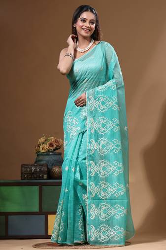 Sea green supernet with embroidery saree with blouse piece
