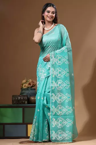Sea green supernet with embroidery saree with blouse piece