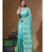 Sea green supernet with embroidery saree with blouse piece