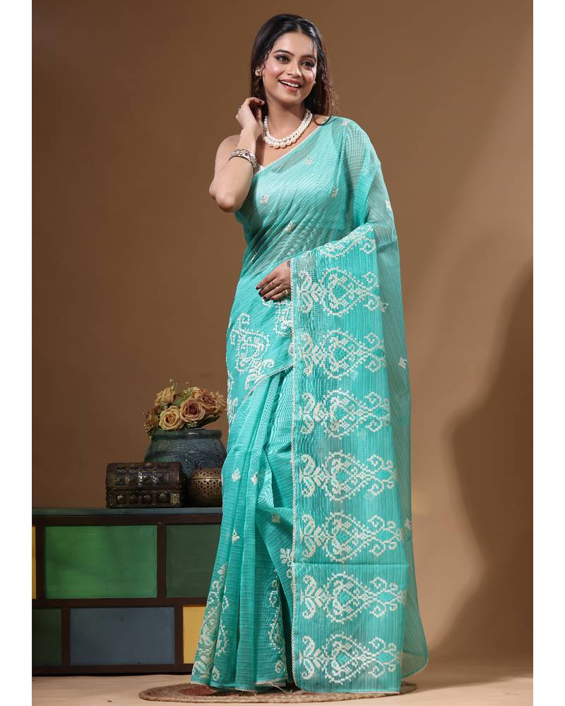 Sea green supernet with embroidery saree with blouse piece