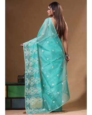 Sea green supernet with embroidery saree with blouse piece 2