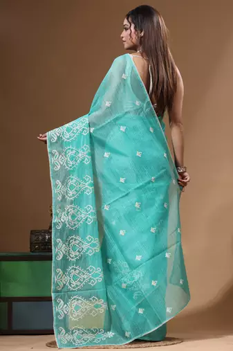 Sea green supernet with embroidery saree with blouse piece