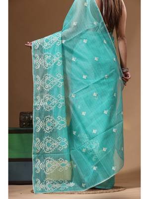Sea green supernet with embroidery saree with blouse piece 3