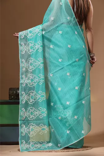 Sea green supernet with embroidery saree with blouse piece