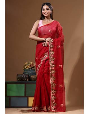 Red supernet with embroidery saree with blouse piece 1