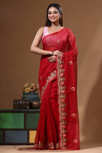Red supernet with embroidery saree with blouse piece
