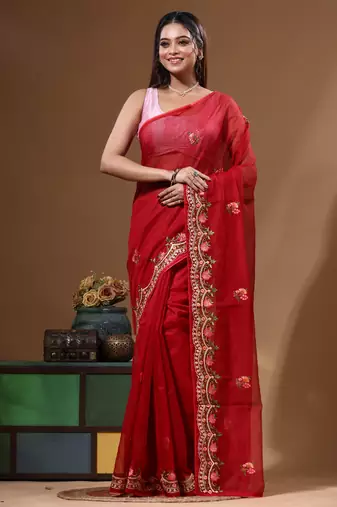 Red supernet with embroidery saree with blouse piece