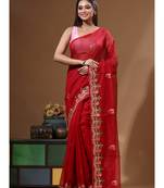 Red supernet with embroidery saree with blouse piece