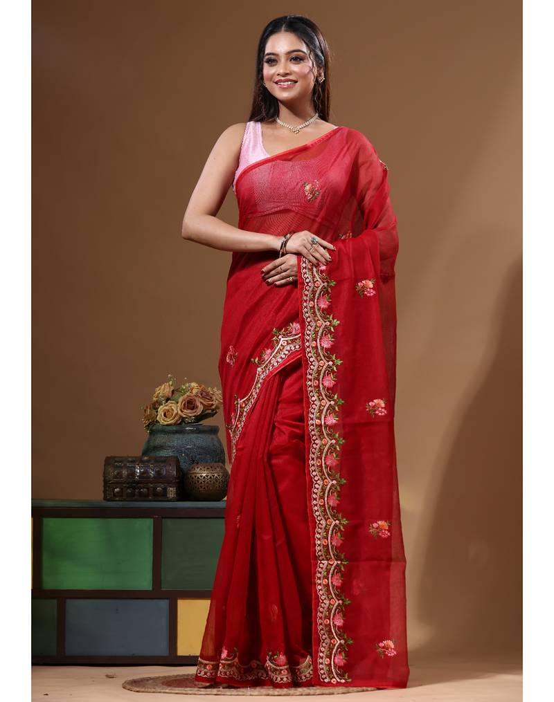 Red supernet with embroidery saree with blouse piece