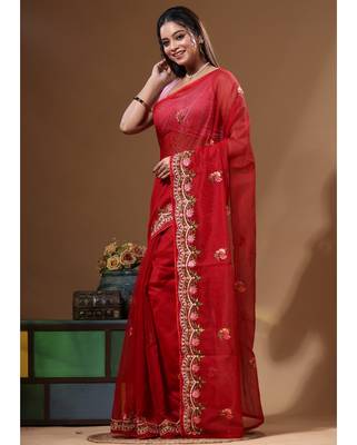 Red supernet with embroidery saree with blouse piece 2