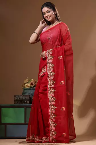 Red supernet with embroidery saree with blouse piece