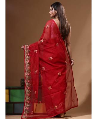 Red supernet with embroidery saree with blouse piece 3