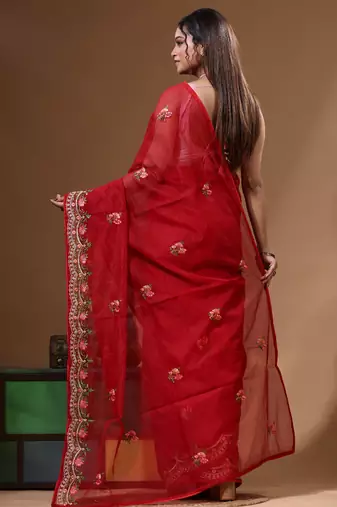 Red supernet with embroidery saree with blouse piece