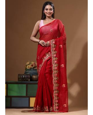 Red supernet with embroidery saree with blouse piece 4