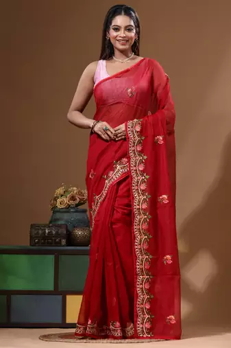 Red supernet with embroidery saree with blouse piece