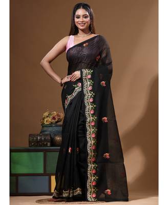 Black supernet with embroidery saree with blouse piece 1