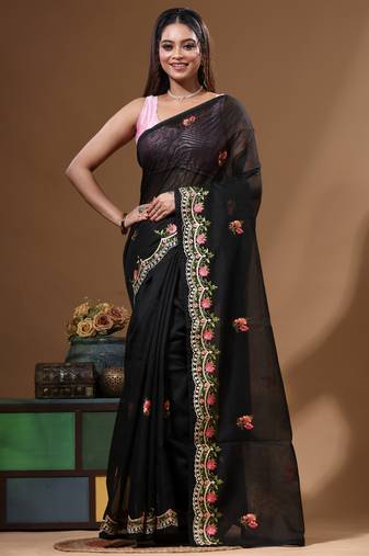 Black supernet with embroidery saree with blouse piece
