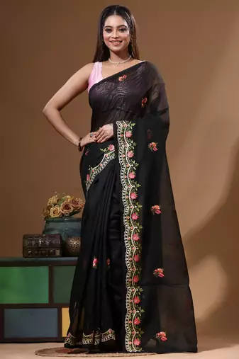 Black supernet with embroidery saree with blouse piece
