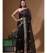 Black supernet with embroidery saree with blouse piece