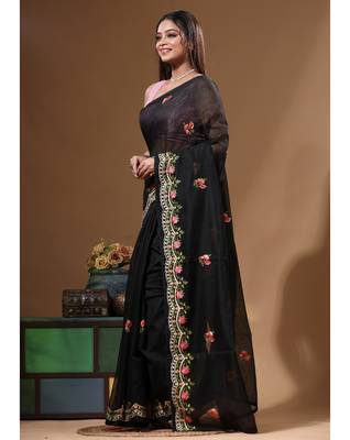 Black supernet with embroidery saree with blouse piece 2