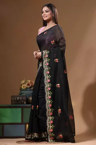 Black supernet with embroidery saree with blouse piece