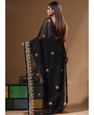 Black supernet with embroidery saree with blouse piece 3