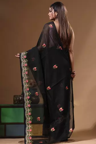 Black supernet with embroidery saree with blouse piece