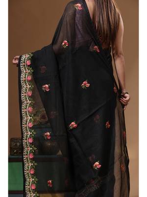 Black supernet with embroidery saree with blouse piece 4