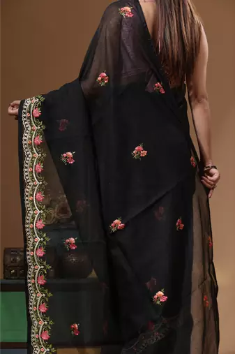 Black supernet with embroidery saree with blouse piece