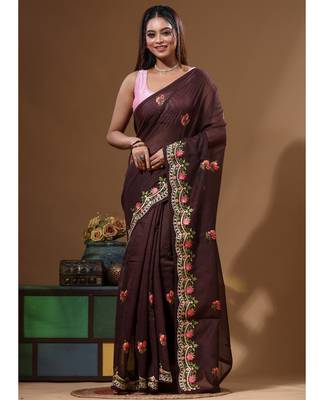 Brown supernet with embroidery saree with blouse piece 1