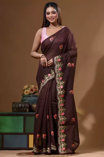 Brown supernet with embroidery saree with blouse piece