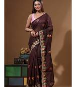 Brown supernet with embroidery saree with blouse piece